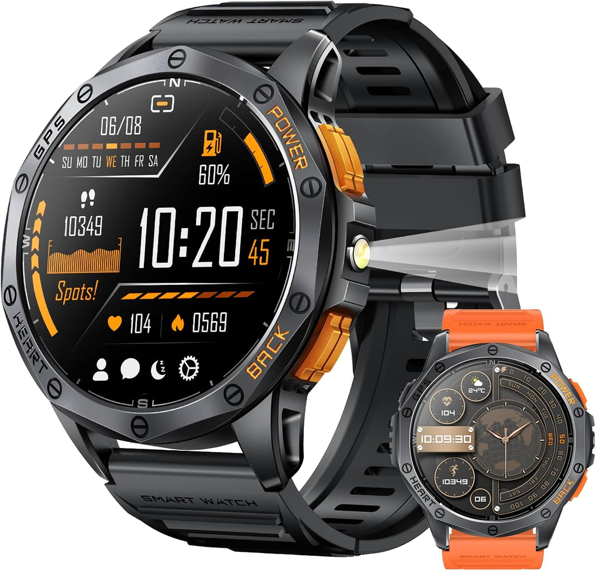 Tiwain Military Smart Watch for Men, Built-in GPS, 30-day standby, 1.43" AMOLED - Compass & Altimeter for outdoors，Tactical flashlight, 170+ Sport Modes & Bluetooth Calls. iOS/Android Compatible.
