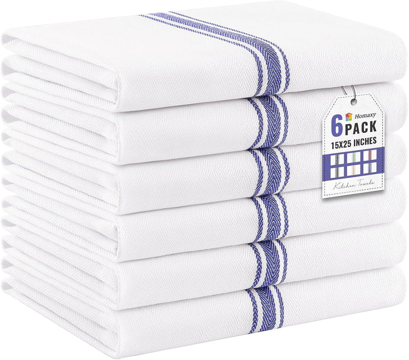 Homaxy 100% Ring Spun Cotton Kitchen Towels 6 Pack, Blue Stripe - 15 x 25 Inch, Highly Absorbent Dish Towels for Kitchen Drying, Reusable Cleaning Cloths, Soft Tea Towels with Hanging Loop