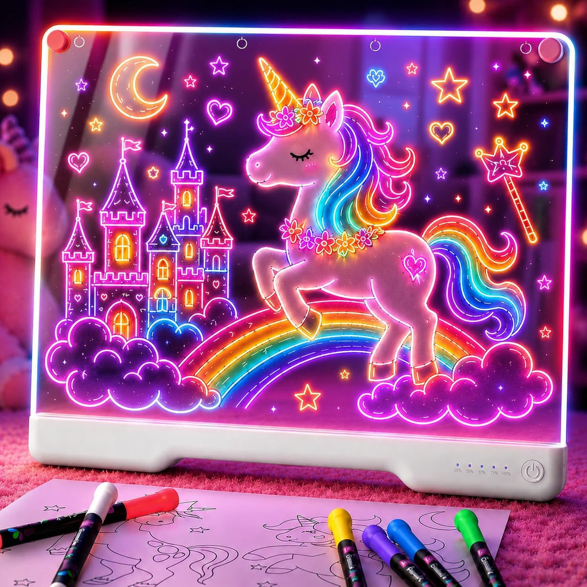 Geokay 16" Rechargeable LED Drawing Board with 9-Color Light Effects - Birthday & Christmas Gift Idea for Girls/Boys/Kids/Teens, Doodle Neon Glow Pad with Built-in Stand Tracing Book & 7 Markers