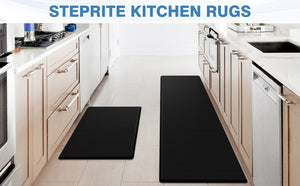 StepRite Kitchen Mats for Floor, 2-Piece Anti-Fatigue Kitchen Rugs, Black - 17.3" x 30" + 17.3" x 47", cushioned comfort, water-resistant, easy to clean, non-slip bottom, kitchen floor, standing desk