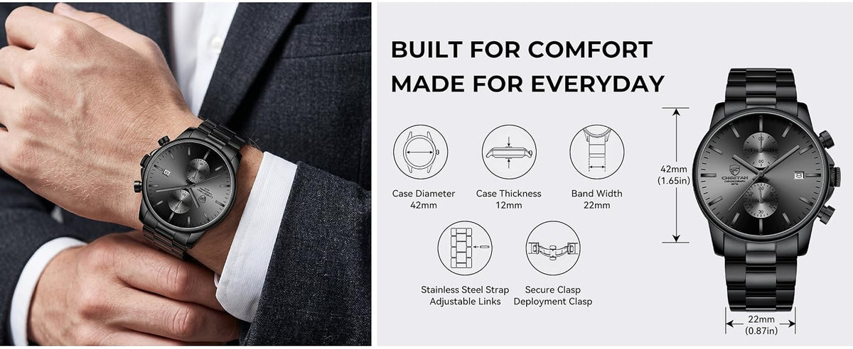 GOLDEN HOUR Fashion Business Mens Watches with Stainless Steel Waterproof Chronograph Quartz Watch for Men, Auto Date