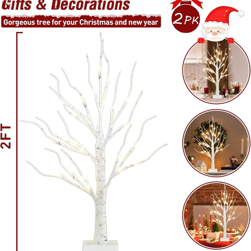 Home Decor, 2FT Birch Tree With LED Lights Warm White Light Up Tree